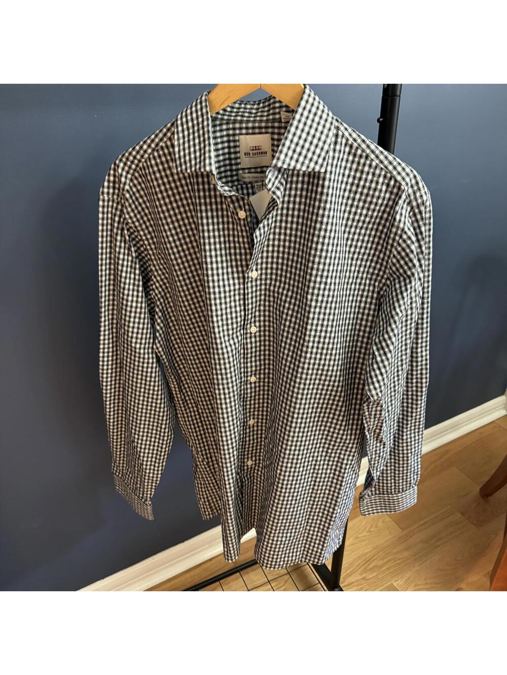 Ben Sherman Mens Button Up Dress Shirt, Black/White Checkered Pattern, Large